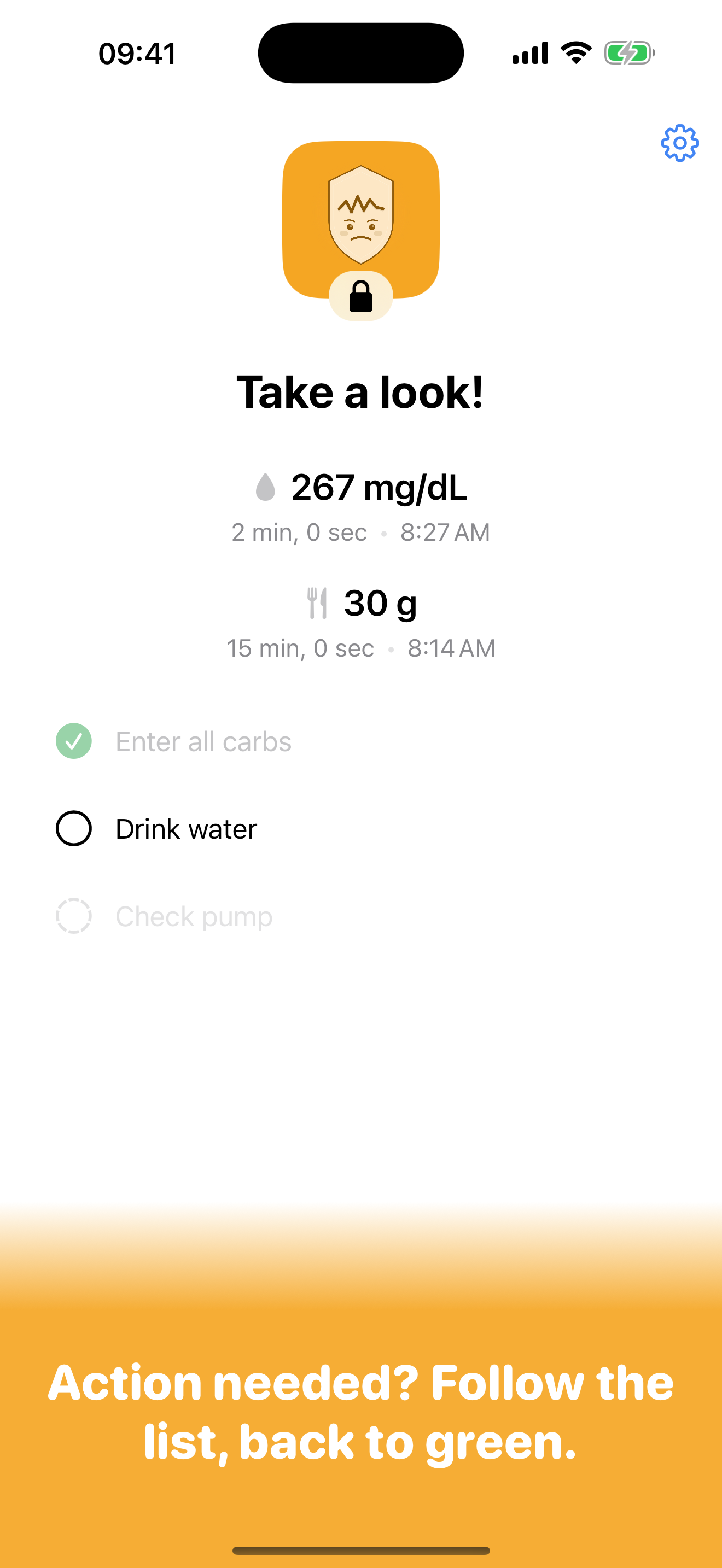 GluWink check-in shield with an orange face: glucose high, follow the list, back to green.