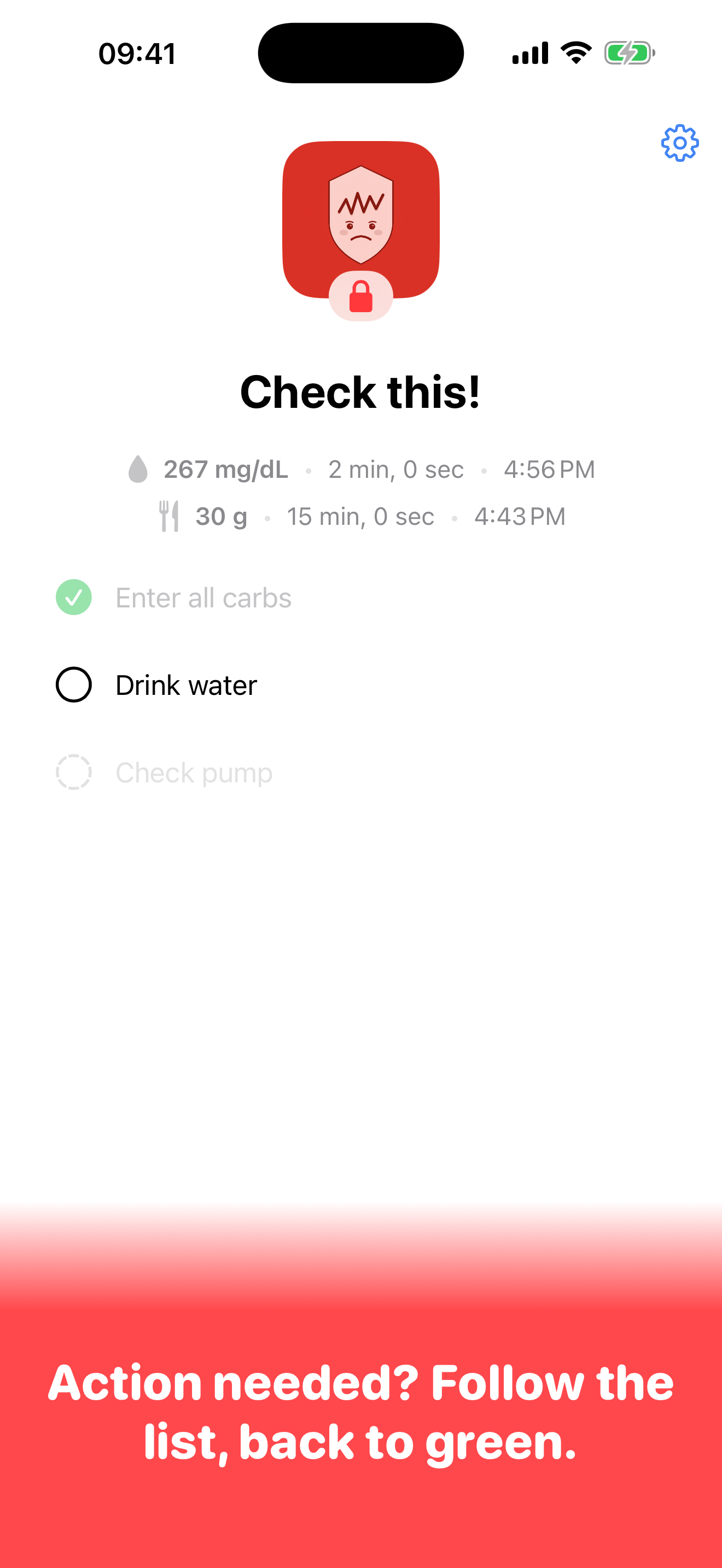 GluWink check-in shield with a red face: action needed, follow the list, back to green.