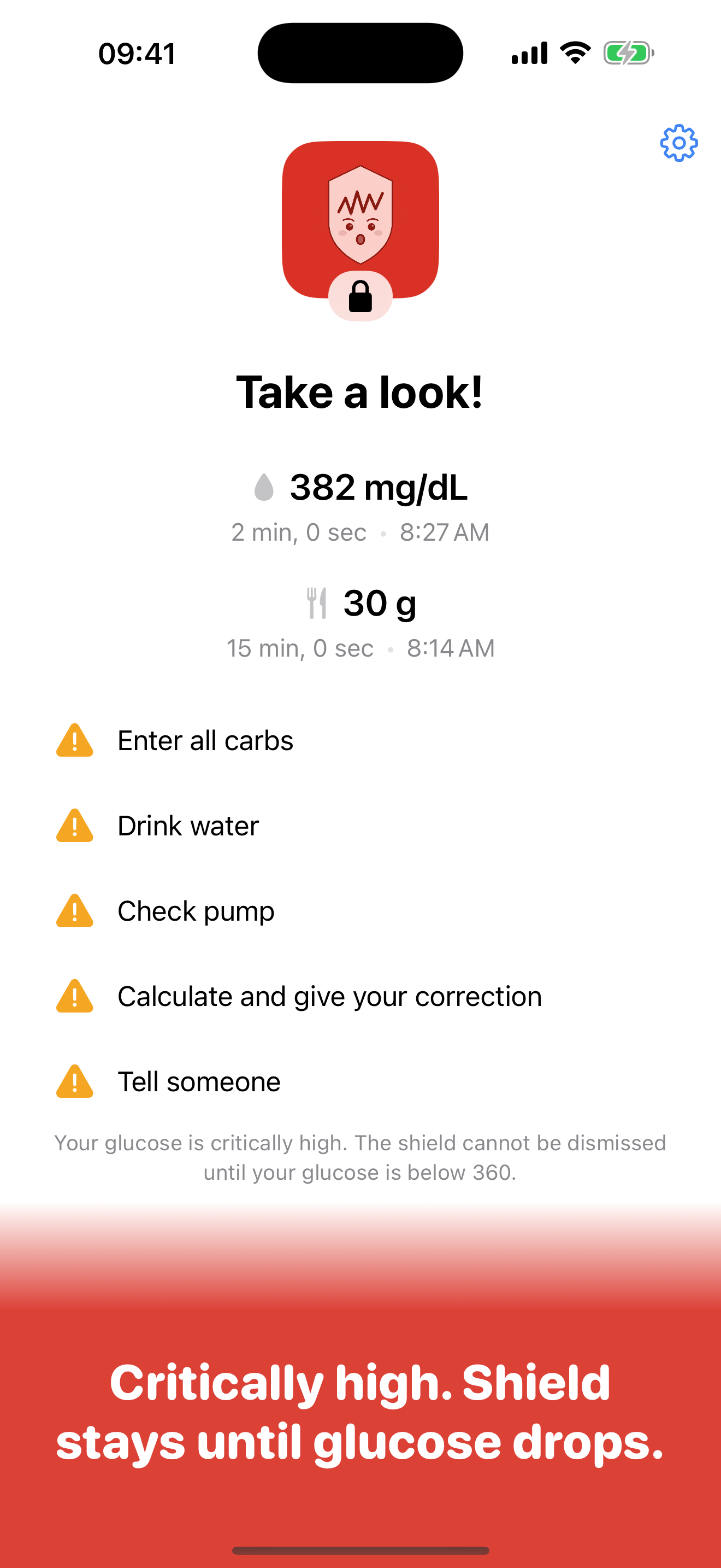 GluWink check-in shield with a red face: glucose critically high, shield cannot be dismissed until glucose drops.