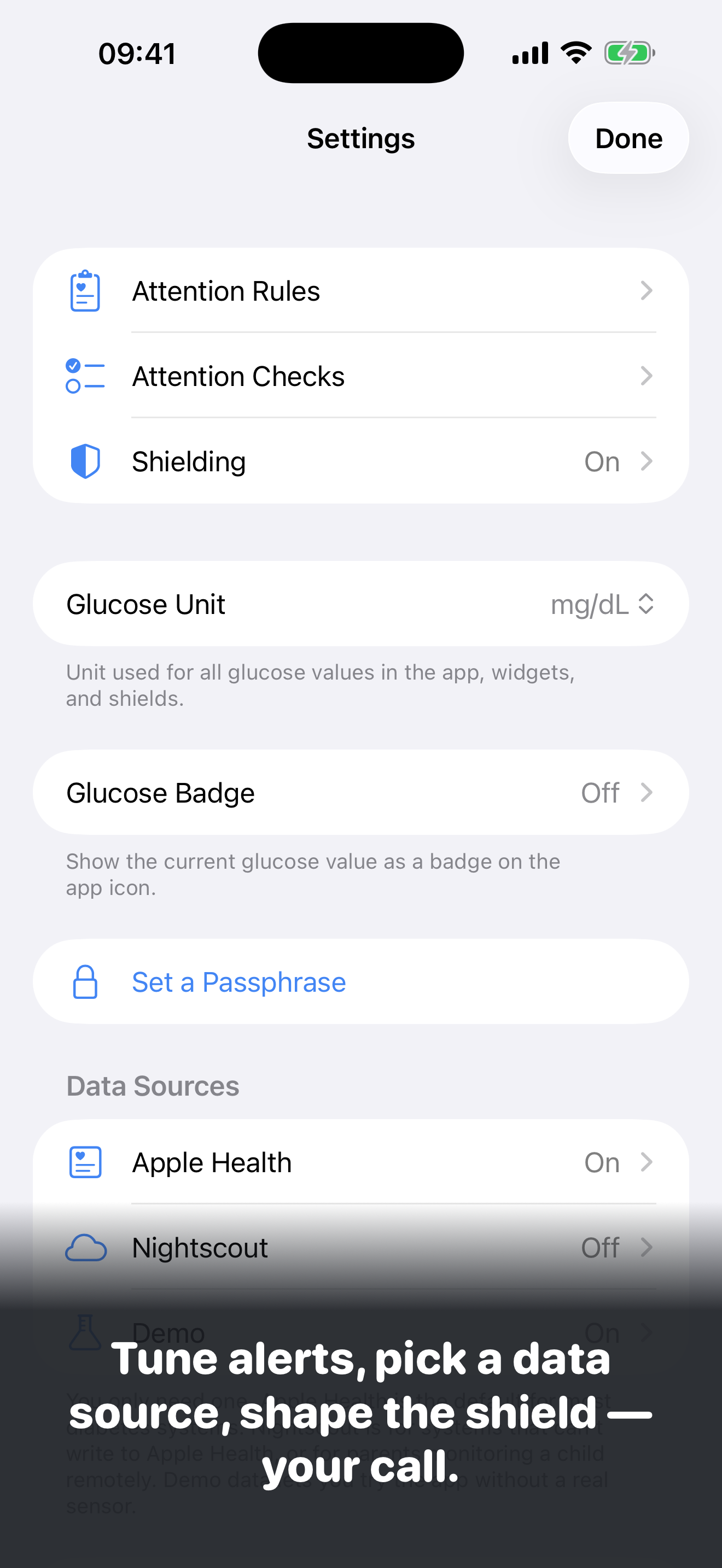 GluWink settings: tune alerts, pick a data source, shape the shield.