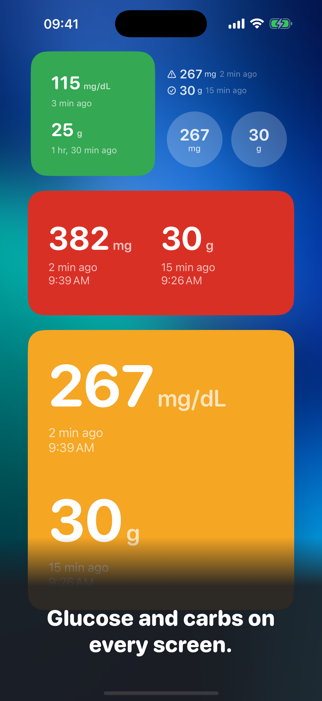 GluWink widgets in three sizes on the iPhone home screen.
