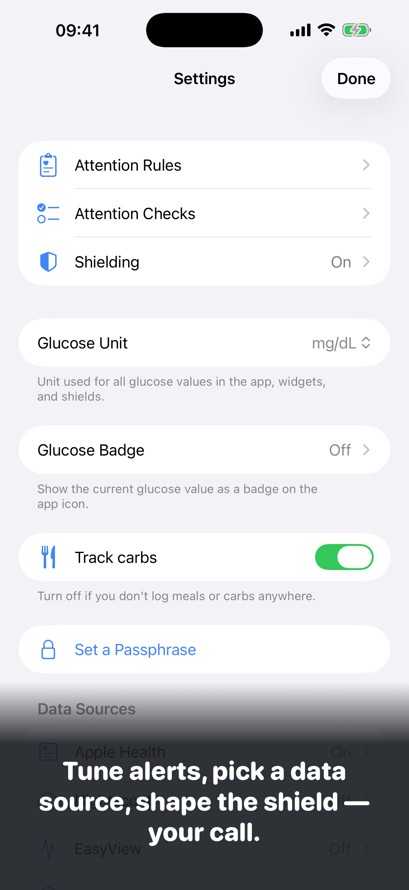 GluWink settings: tune alerts, pick a data source, shape the shield.