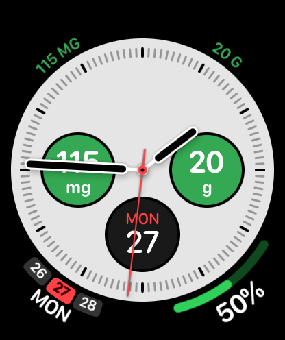 GluWink glucose and carbs as complications on an Apple Watch face.