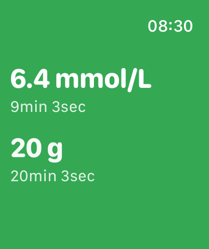 GluWink Watch app showing glucose, carbs, and how long ago they were read.