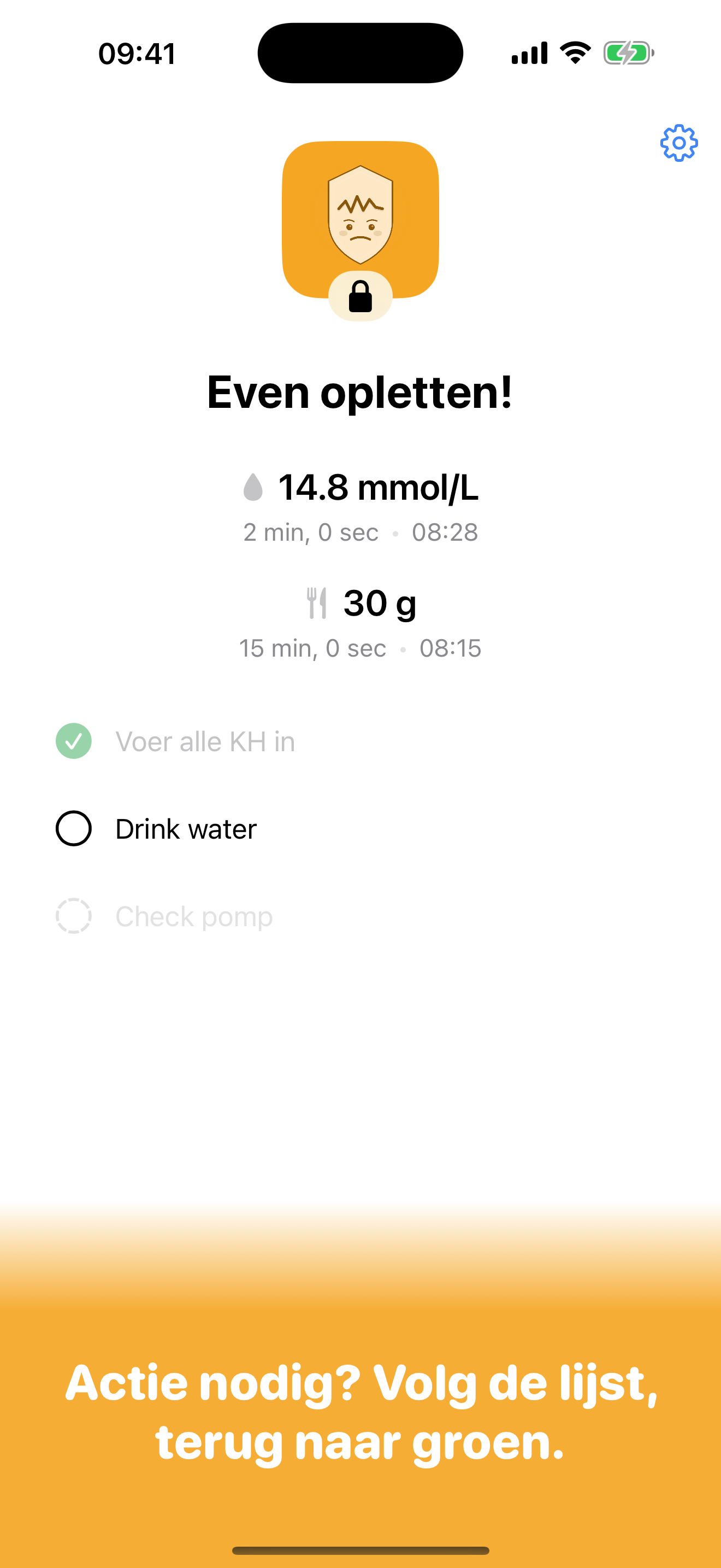 GluWink check-in-schild met oranje gezichtje: glucose hoog, volg de lijst, terug naar groen.