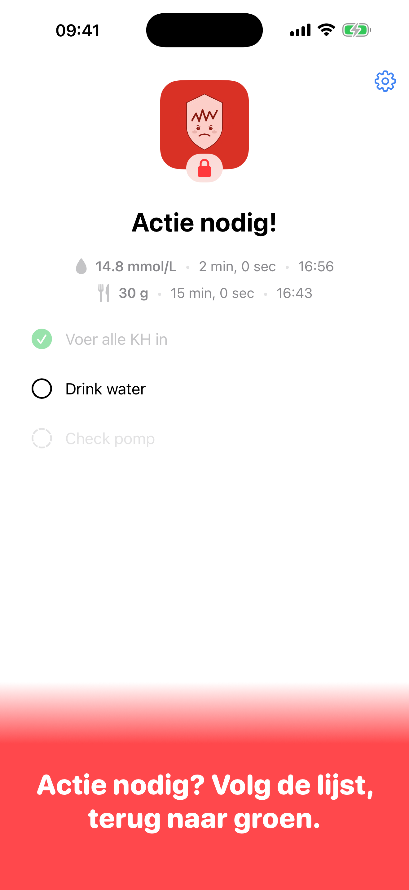GluWink check-in-schild met rood gezichtje: actie nodig, volg de lijst, terug naar groen.