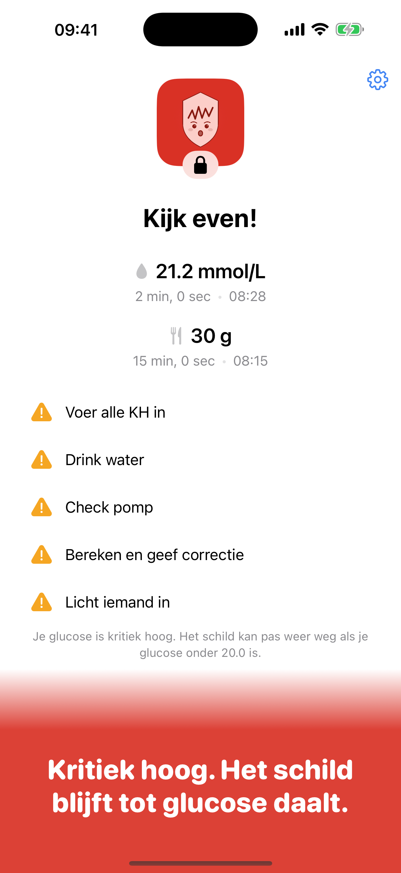 GluWink check-in-schild met rood gezichtje: glucose kritiek hoog, het schild kan pas weer als de glucose daalt.