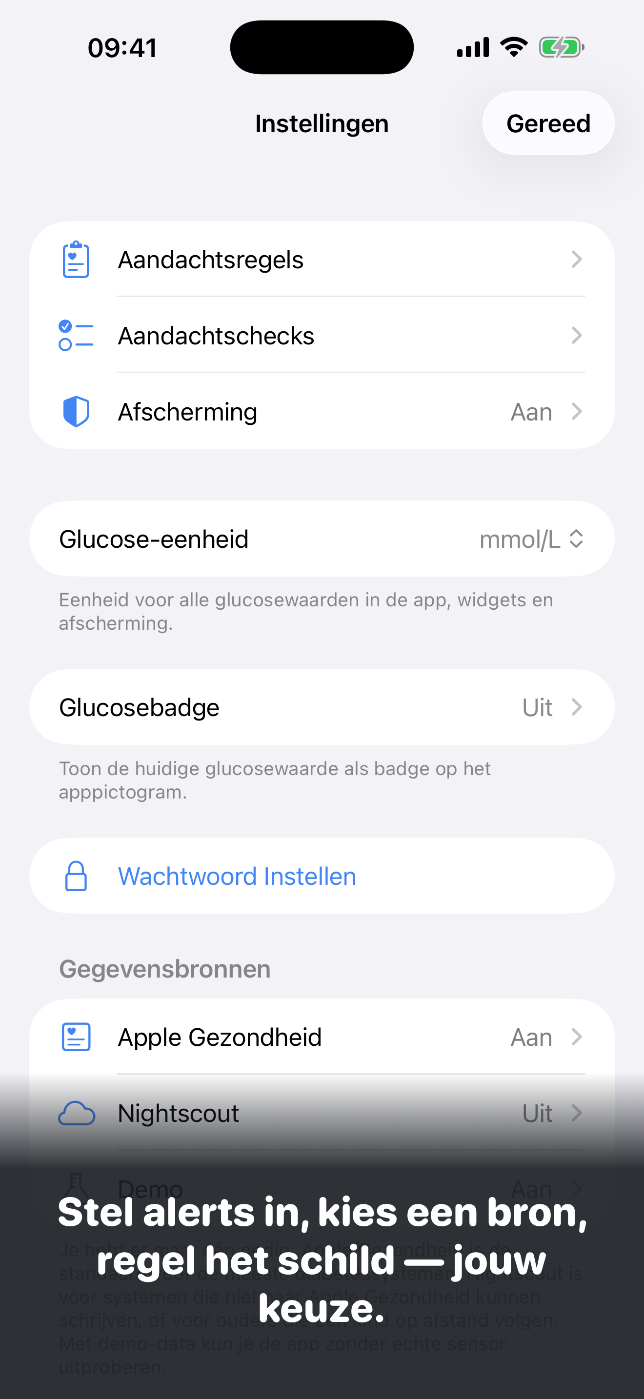 GluWink-instellingen: stel alerts in, kies een bron, regel het schild.