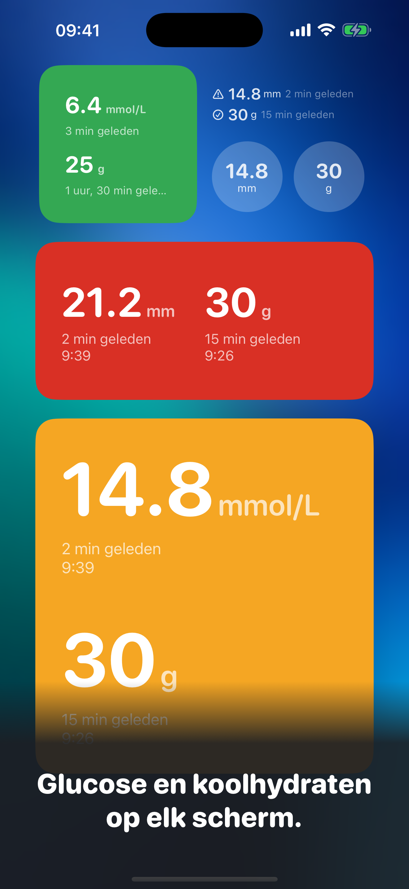 GluWink-widgets in drie formaten op het beginscherm van de iPhone.