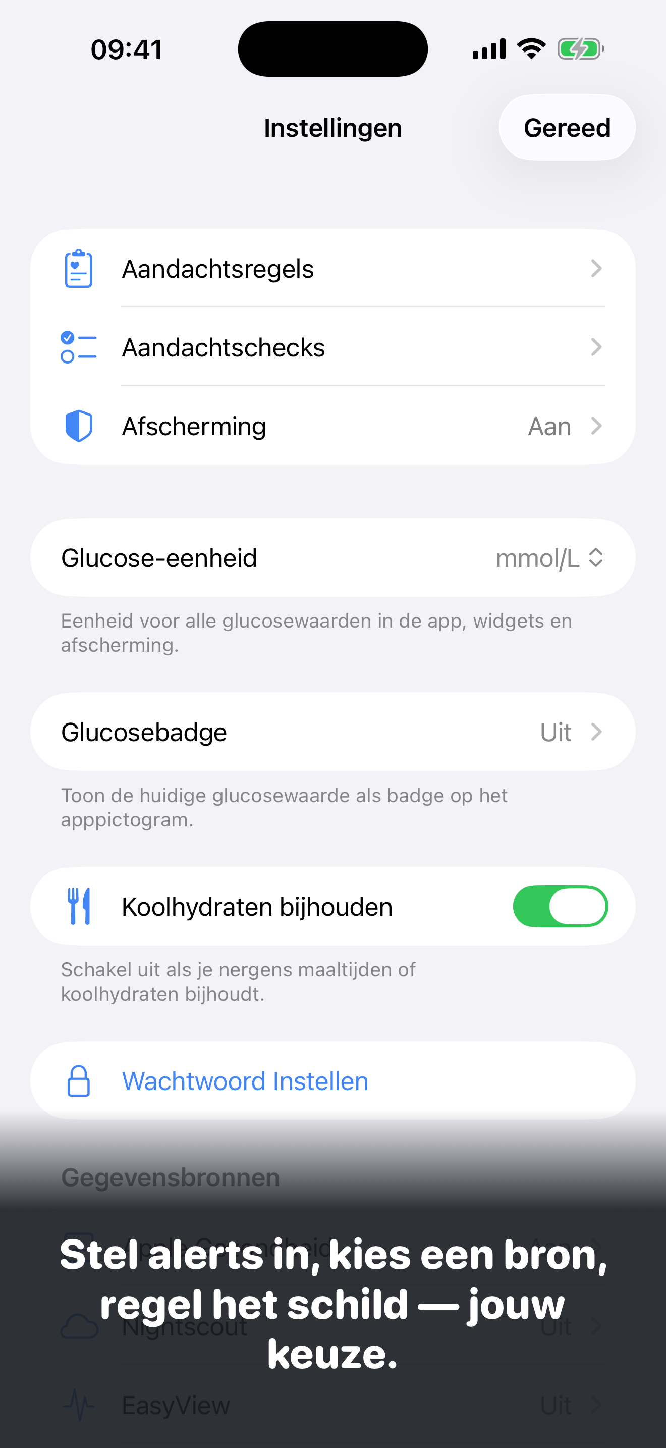 GluWink-instellingen: stel alerts in, kies een bron, regel het schild.