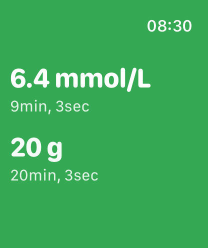 GluWink-app op de Apple Watch: glucose, koolhydraten en hoelang geleden ze gemeten zijn.